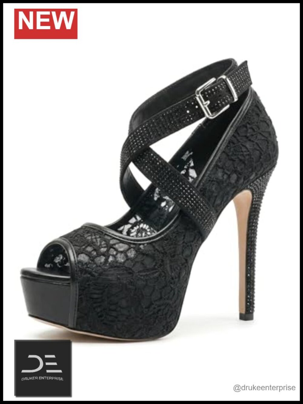 Lace Platform High Heels Rhinestone Stiletto Peep Toe Ankle Strap Dress Pumps